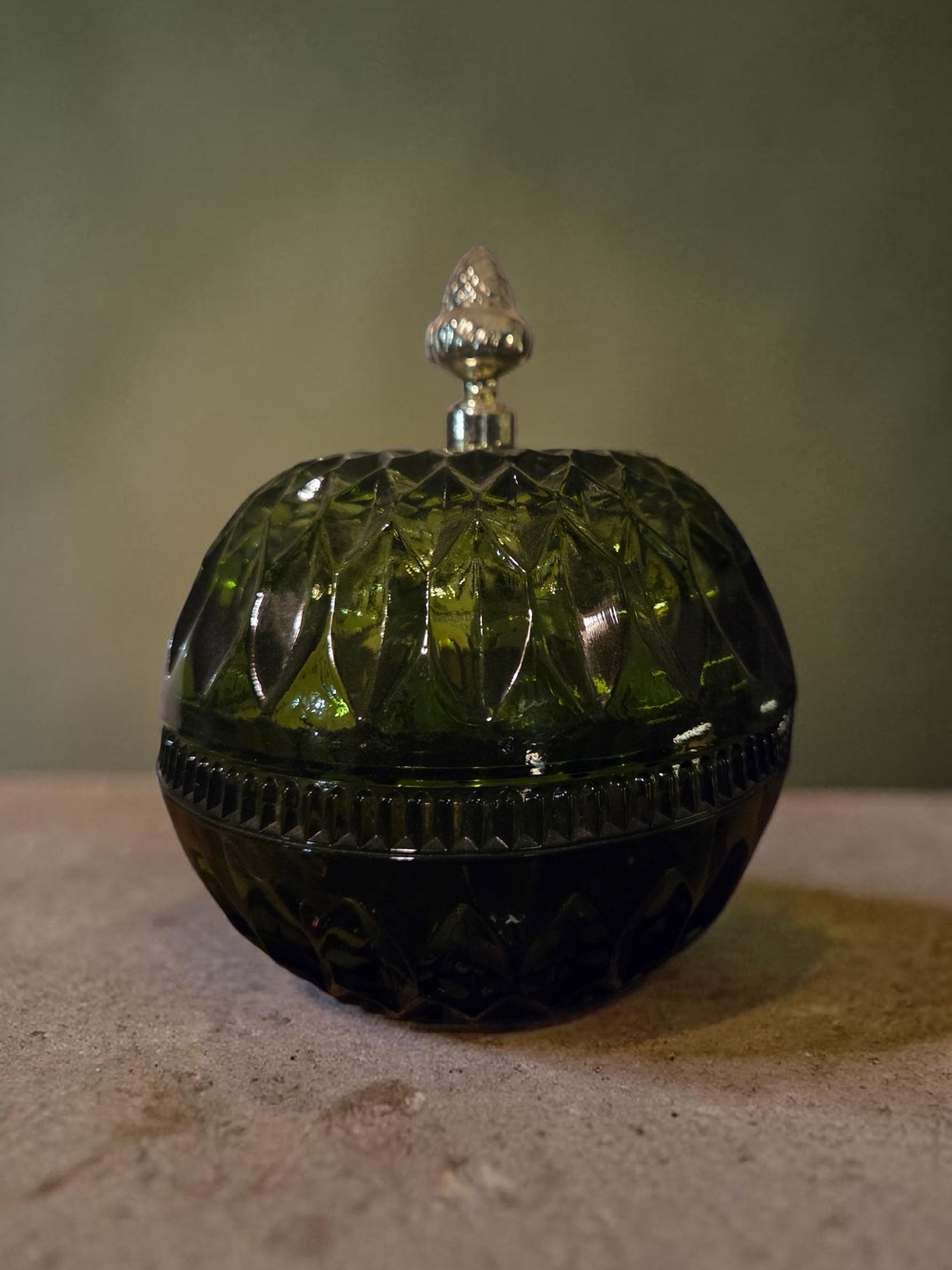Olive Green Indiana Glass Mount Vernon Candy Dish with Silver Finial